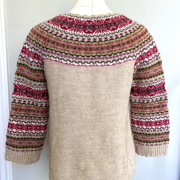 Derhy Cardigan Sweater ¾ Sleeve Hand Embroidered Wool Alpaca Cream Fair Isle - Picture 3 of 11